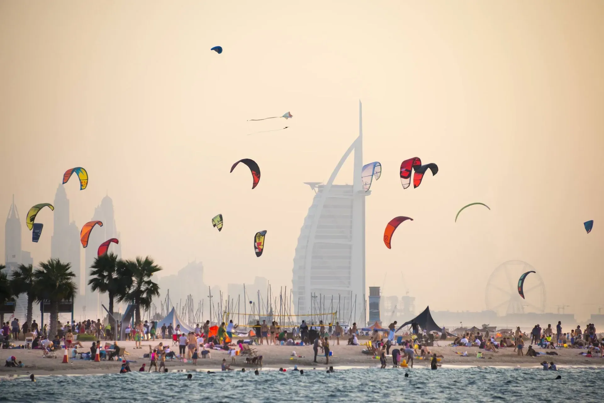 Kites above Kite Beach with Burj Al Arab in the background