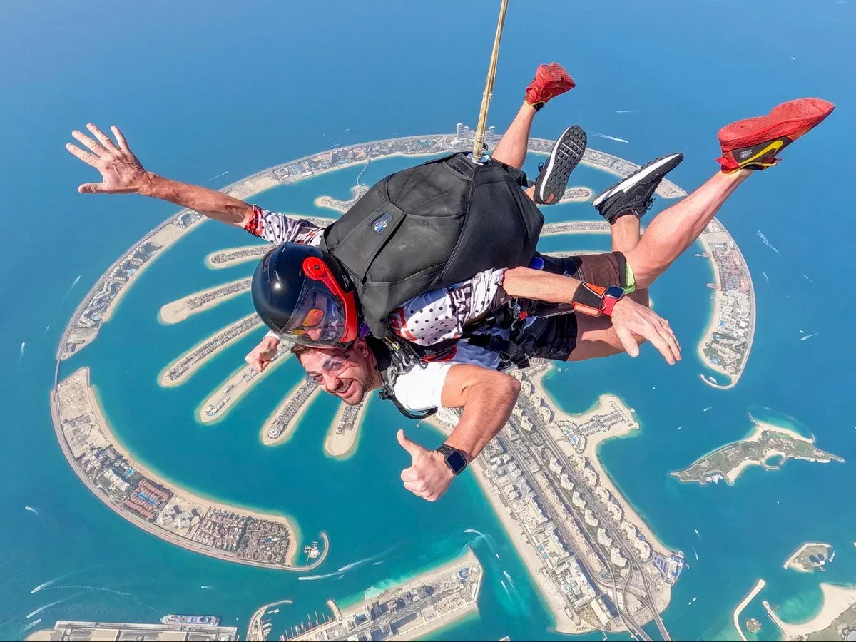 Tandem skydiving above Palm Jumeirah in Dubai