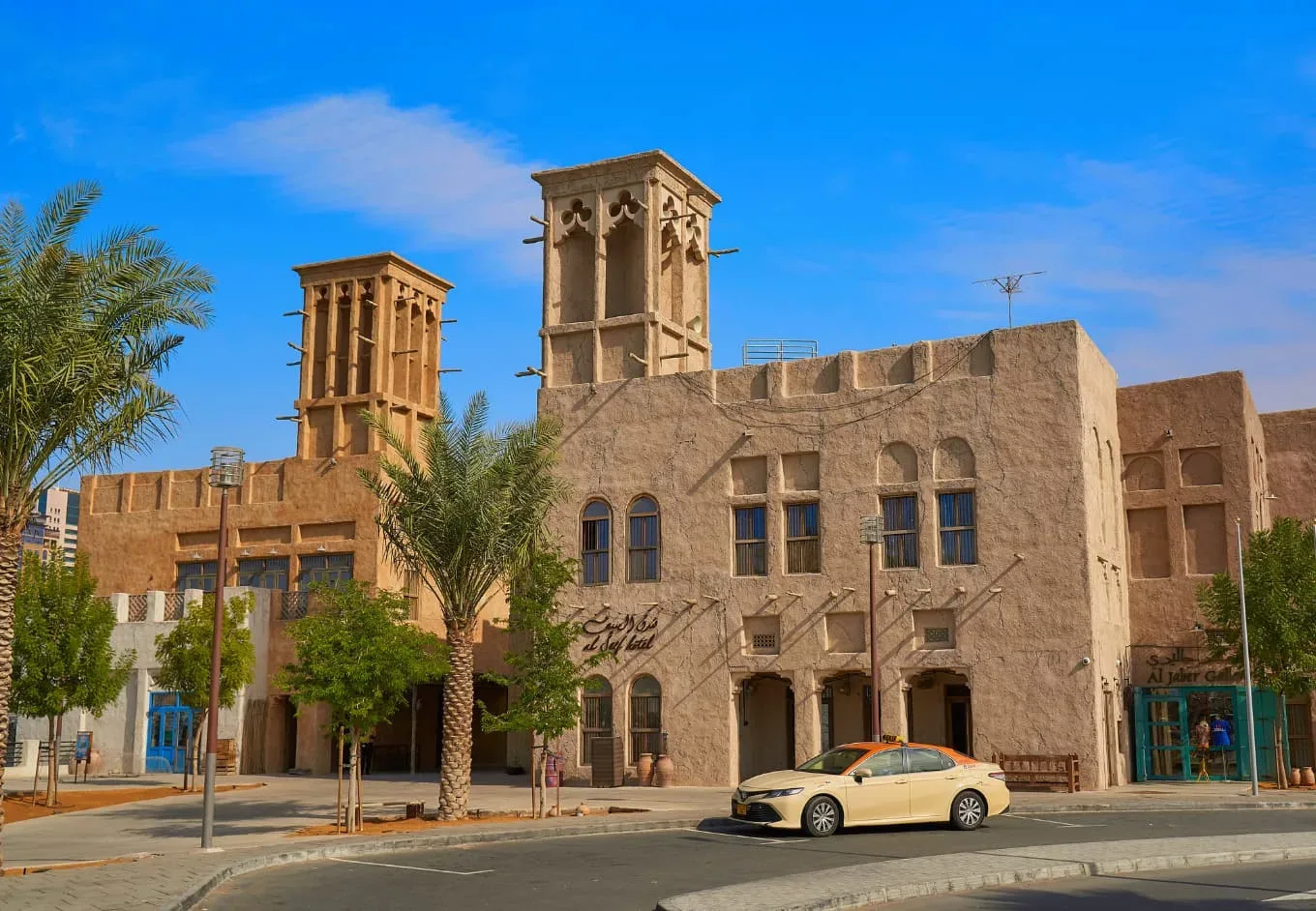 Traditional wind towers and heritage buildings in Al Fahidi, Old Dubai