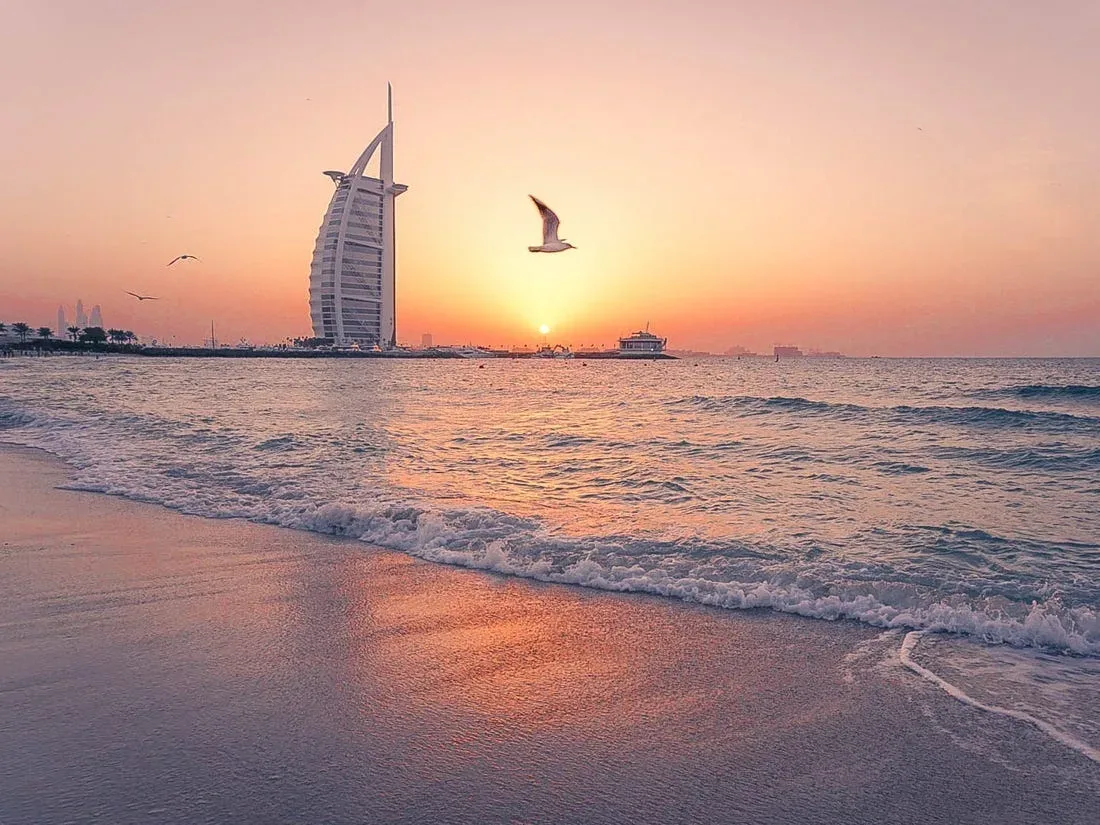 Burj Al Arab at sunset from Sunset Beach in Dubai
