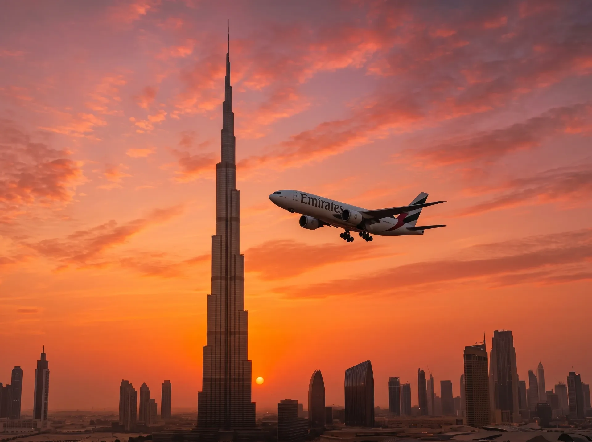 Burj Khalifa , Dubai with emirates plane flying